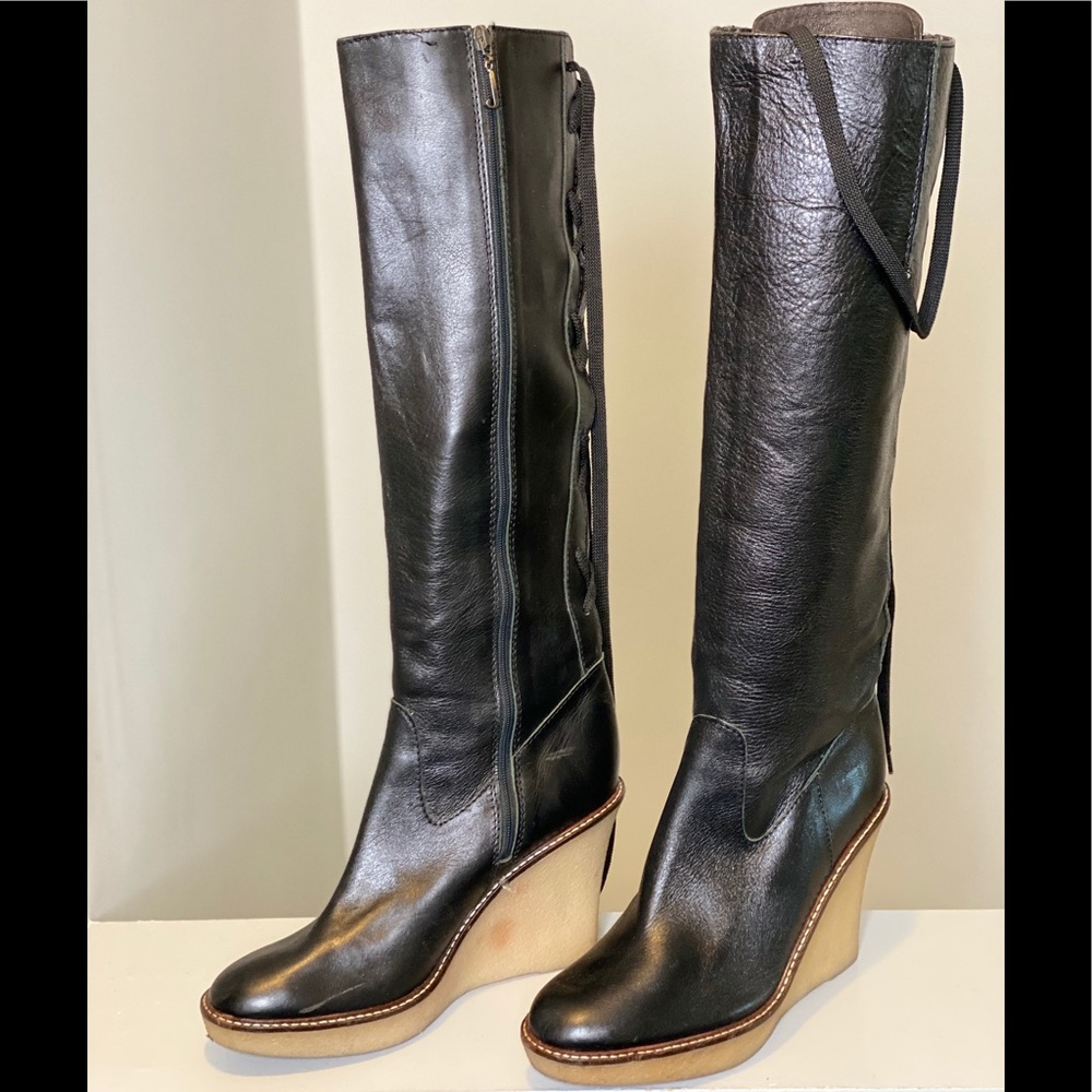 Juicy Couture Wedge Leather Lace Up Zip Boot, 8